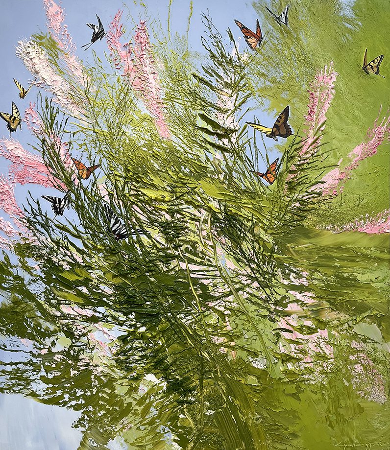 A blue butterfly resting on pink flowers amid green foliage.