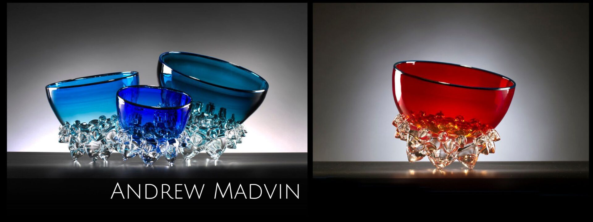 Blue and red glass bowls on display