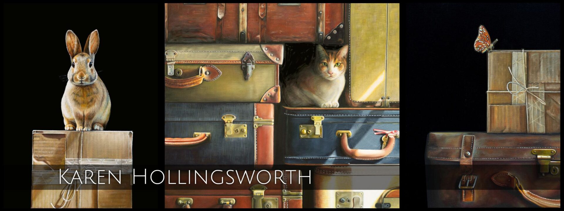 Rabbit and cat with vintage suitcases