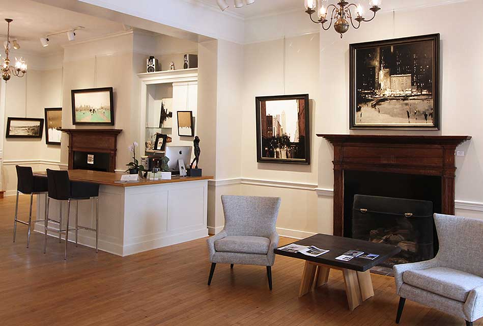 Modern gallery with seating and artwork