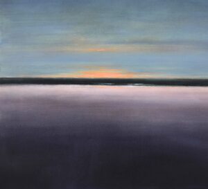 A serene sunset over calm waters with soft pastel colors.