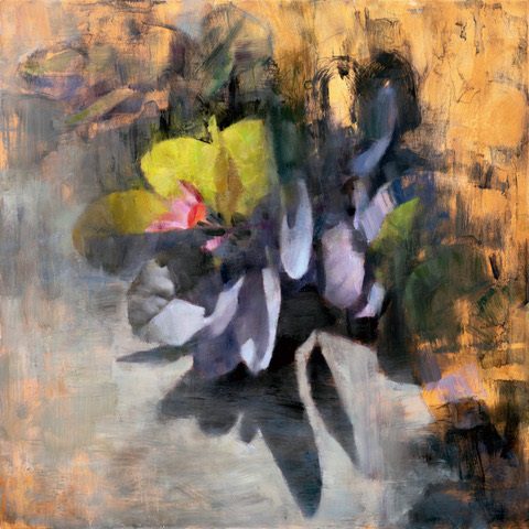 Abstract floral painting with soft colors and textured background.