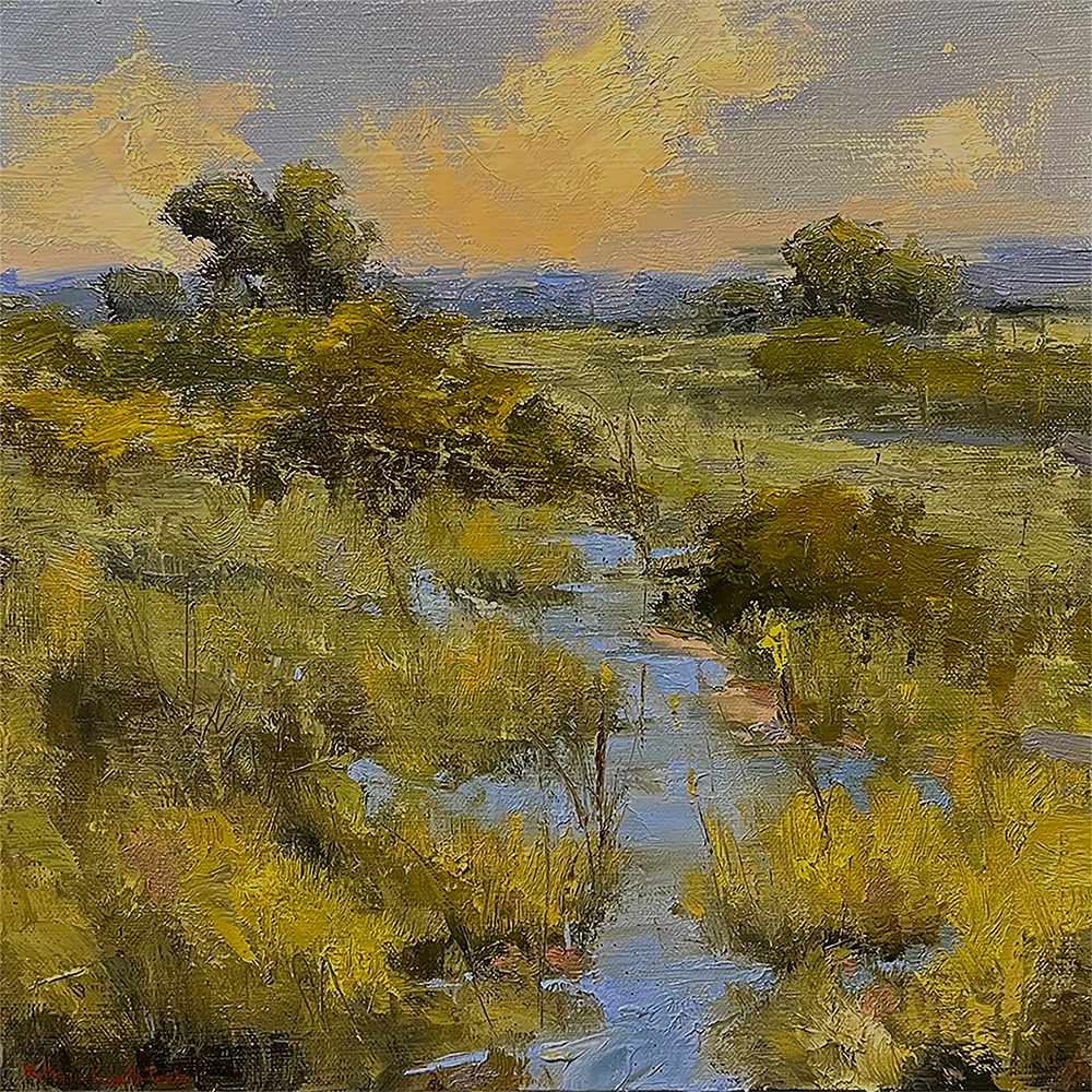 Impressionistic landscape painting of a serene river flowing through lush greenery under a soft yellow sky.
