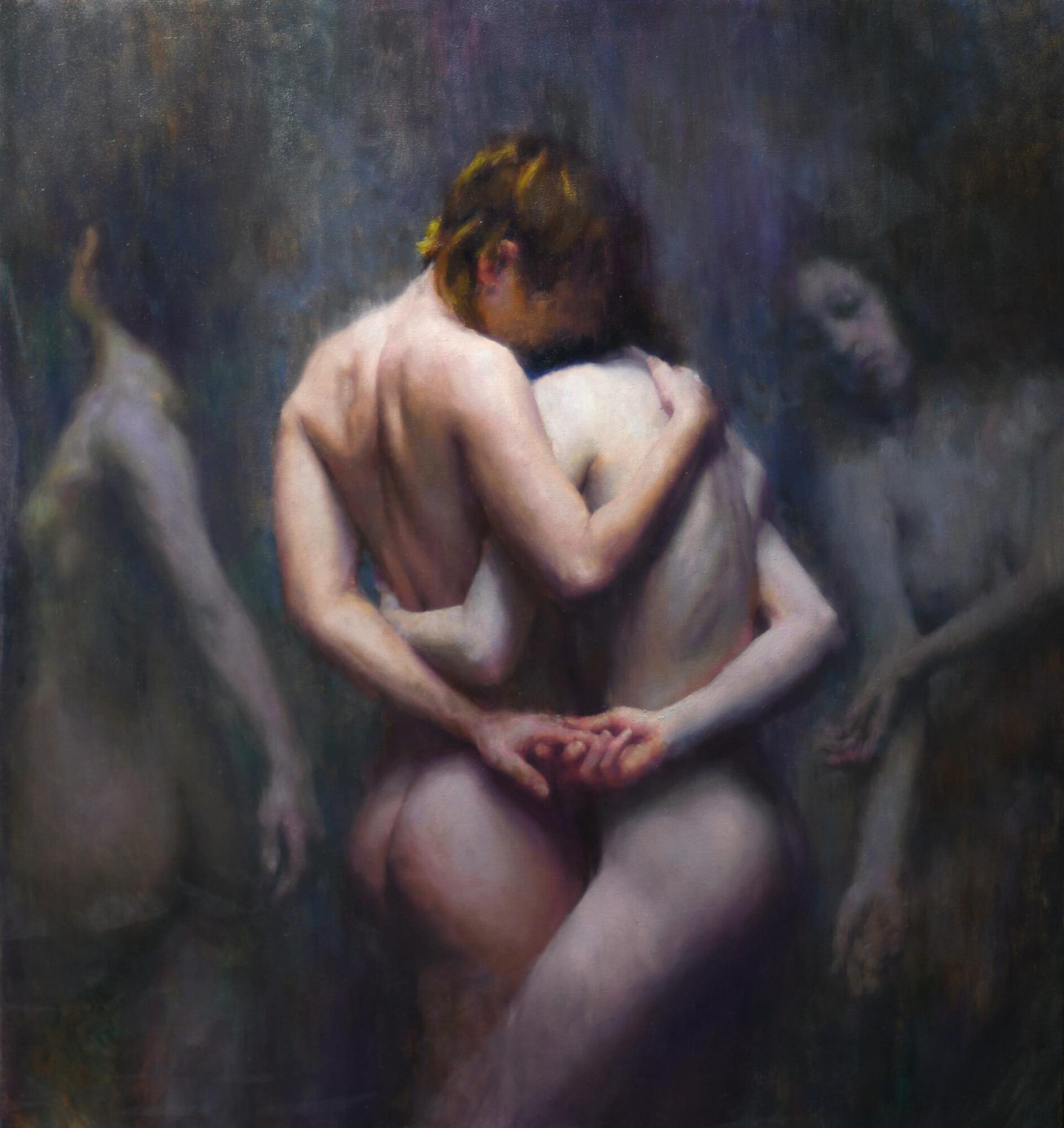 Nude figures in a tender embrace.