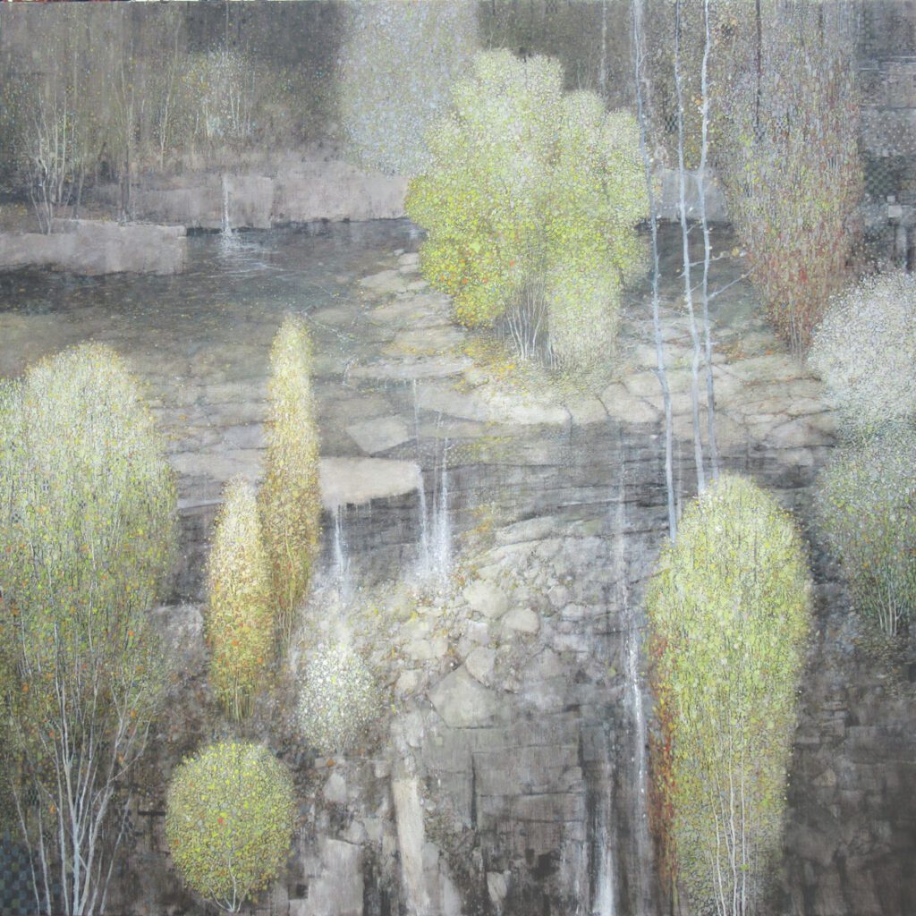 Soft, dreamy landscape with trees and a water body in muted tones.