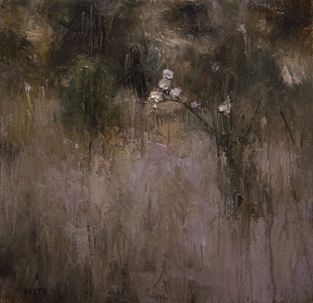 Abstract painting with muted colors and floral accents.