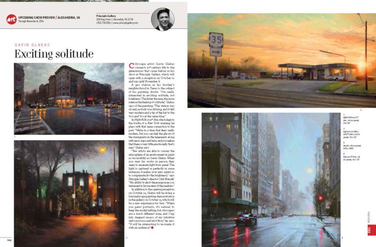 Cityscape artwork in magazine spread