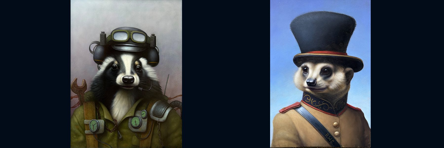 Badger with goggles, meerkat with top hat