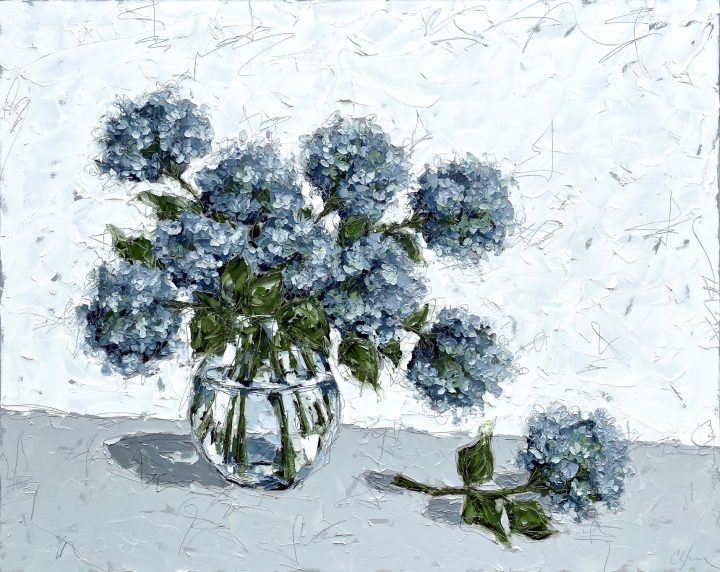 Blue flowers in clear vase painting