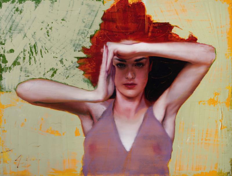 Woman shielding her eyes with arms in an artistic portrait.