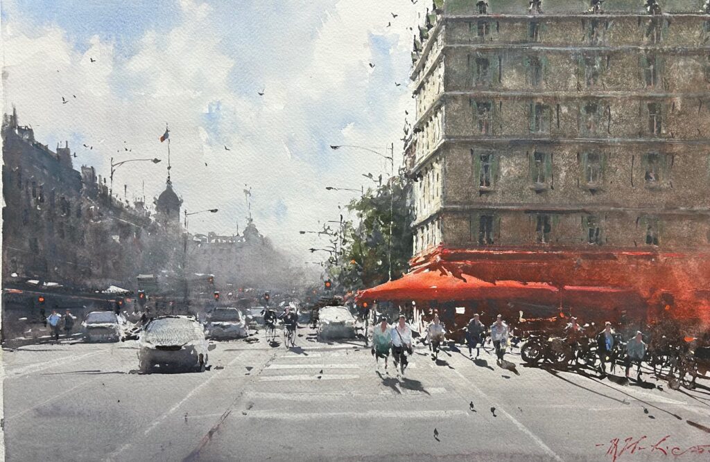 Historic building and bustling traffic