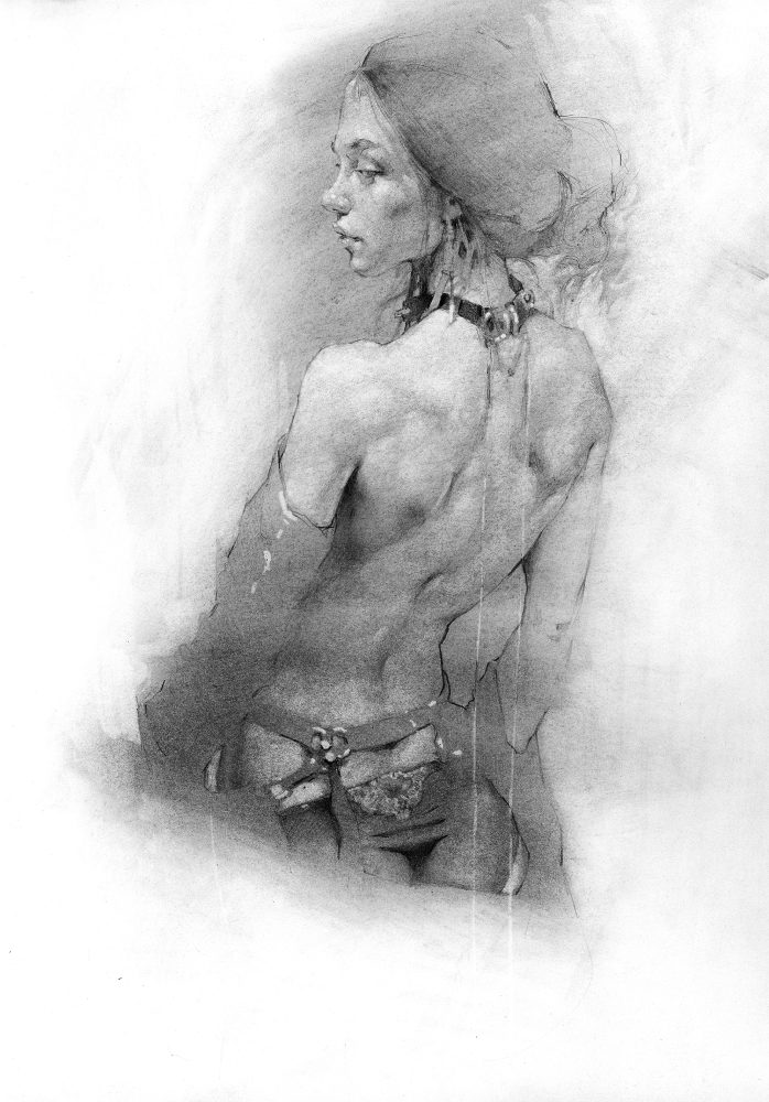 Artistic pencil sketch of a partially nude person from the back.