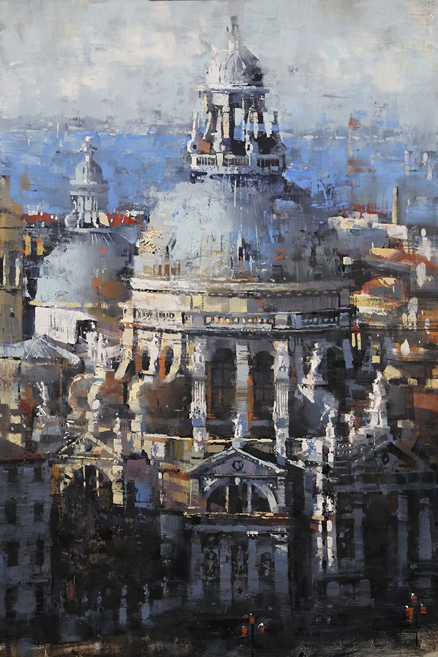Impressionist painting of a historic domed building in a cityscape.