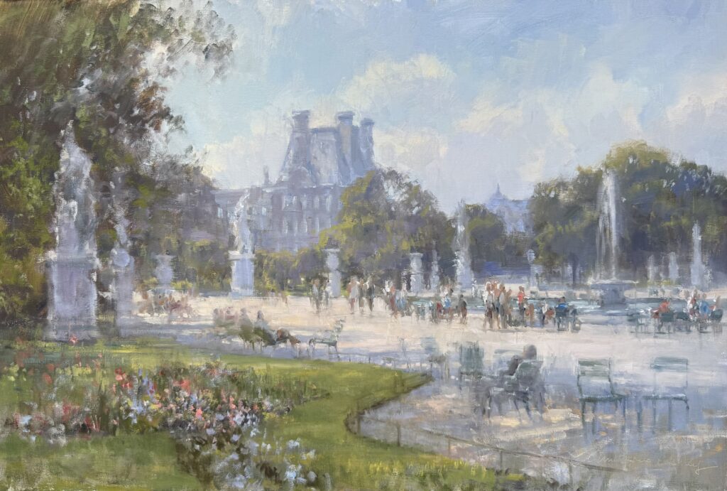Impressionist painting of a historic city square with people and greenery.