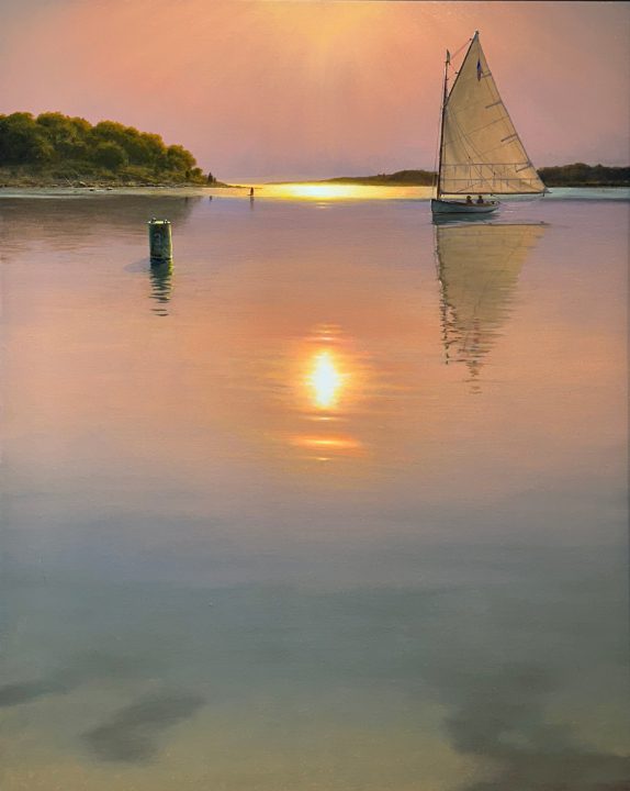 A sailboat and a person paddleboarding at sunset on calm water.