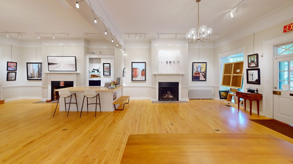 Modern art gallery room with fireplace