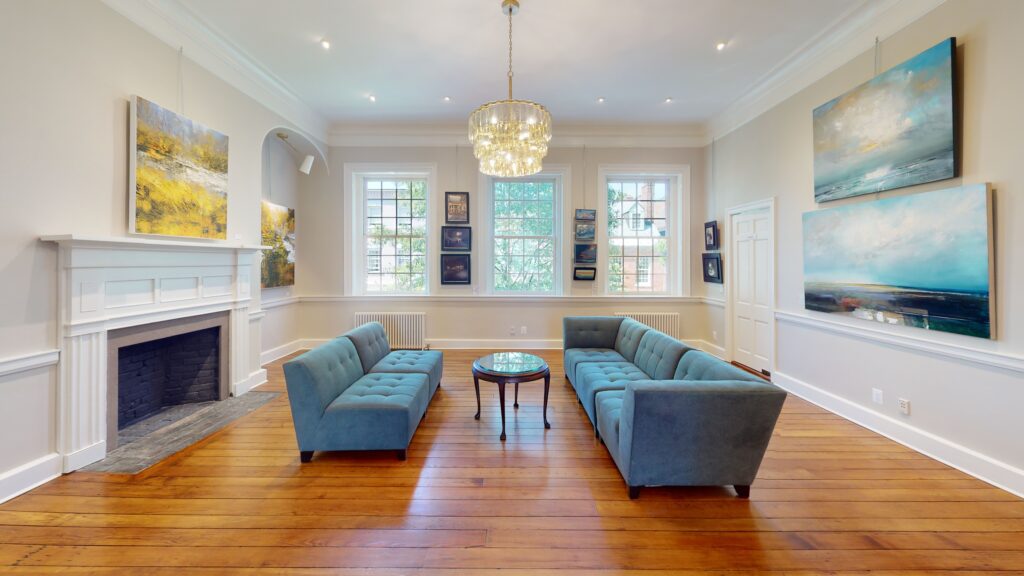 Elegant living room with blue sofas