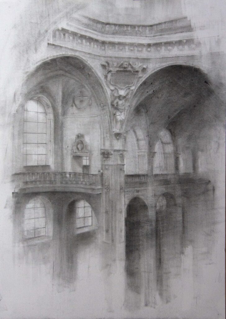 A detailed pencil sketch of an ornate Gothic interior with arches and columns.