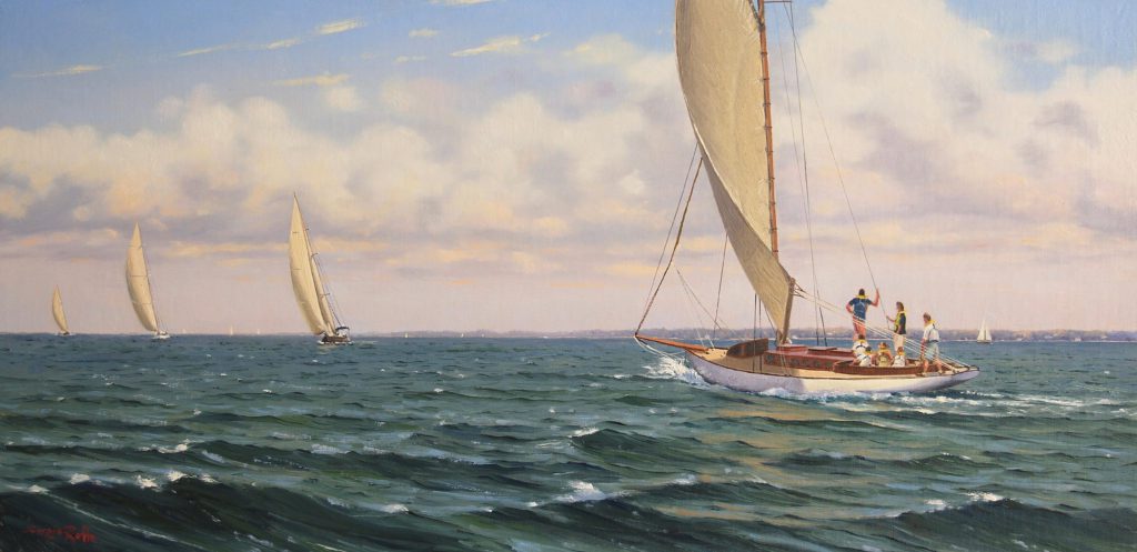 Sailboats glide over choppy waters under a soft, cloudy sky.