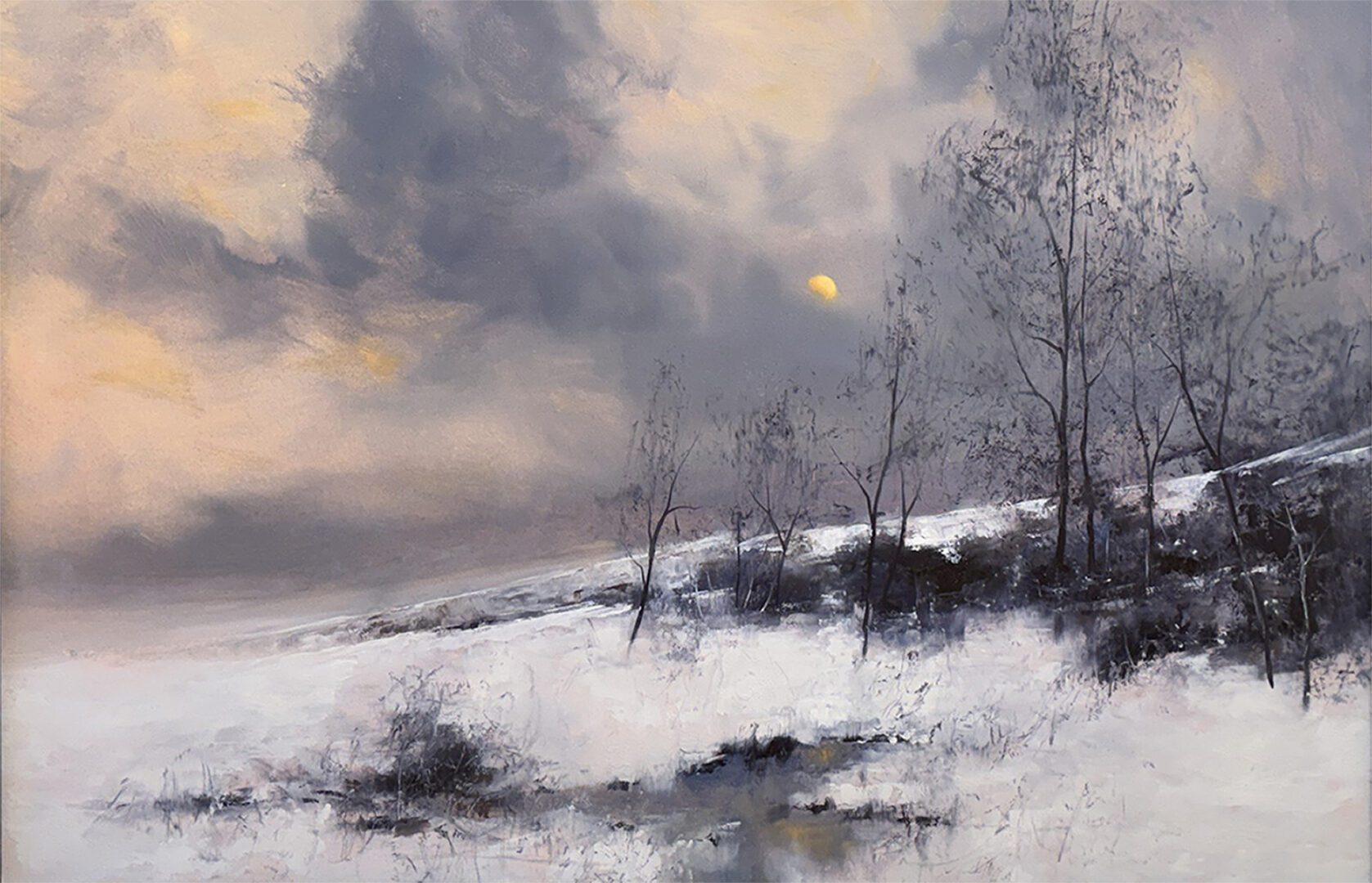 A snowy landscape with bare trees under a cloudy sky and a faint moon.
