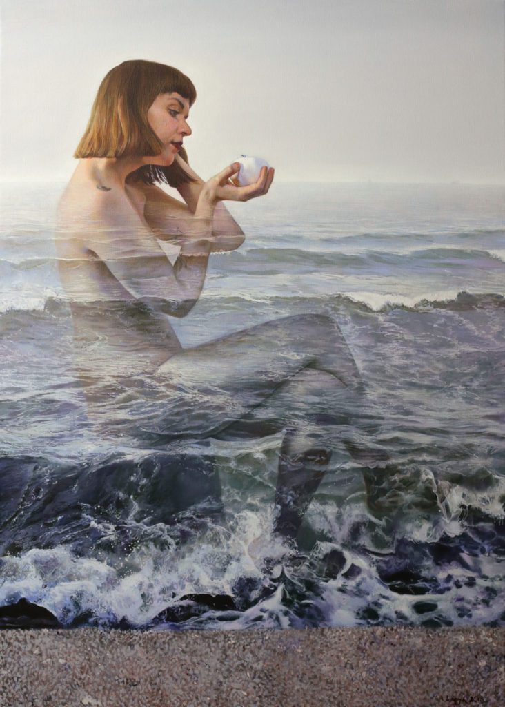 Woman merged with ocean waves