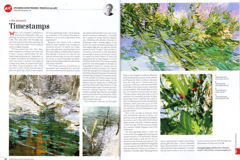 Art magazine spread with colorful landscape paintings
