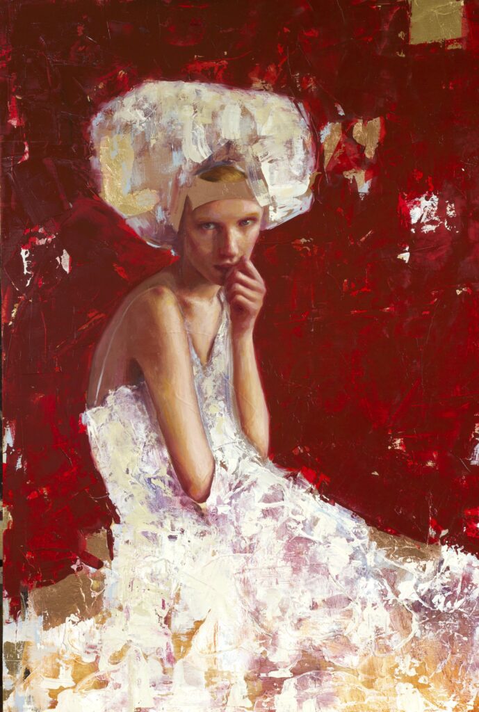 A contemplative woman in a white dress against a deep red background.