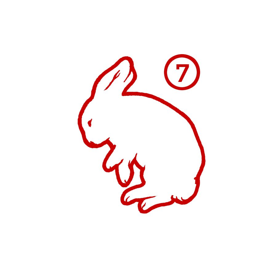 A simple red outline of a rabbit with the number 7.