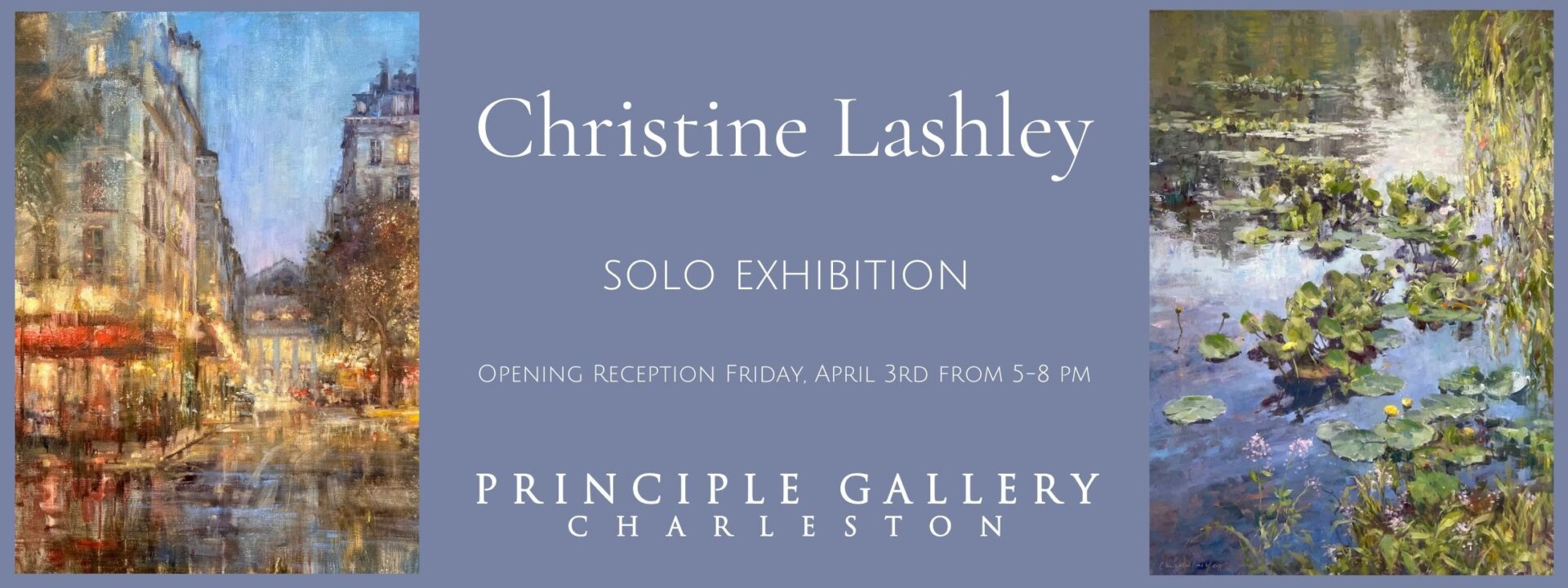 Announcement for Christine Lashley's solo exhibition at Principle Hotel, Charleston.