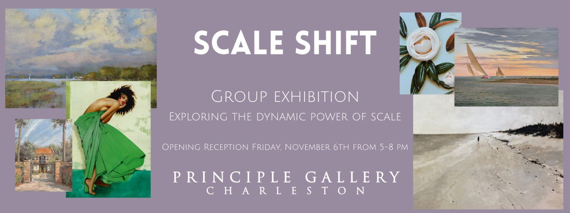 Poster for 'Scale Shift' group exhibition at Principle Gallery, Charleston.