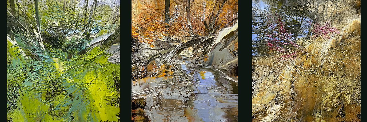 Autumn forest scene with a reflective stream and fallen tree.