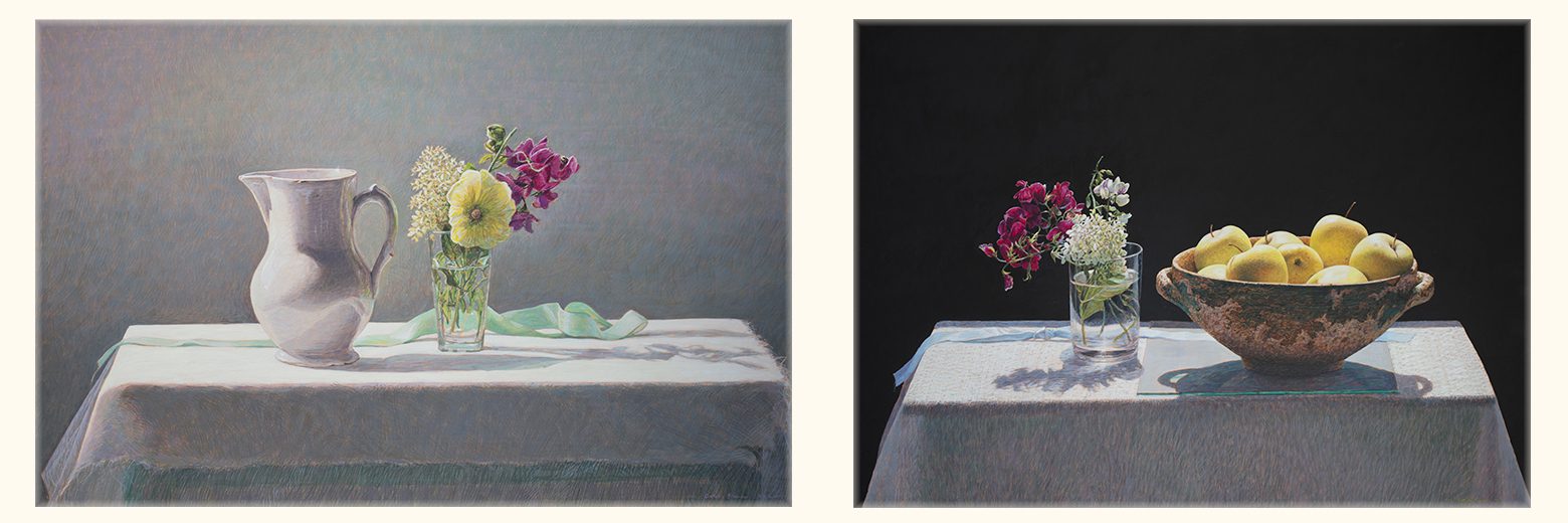 Two tables with flowers, one in daylight and one in darkness.