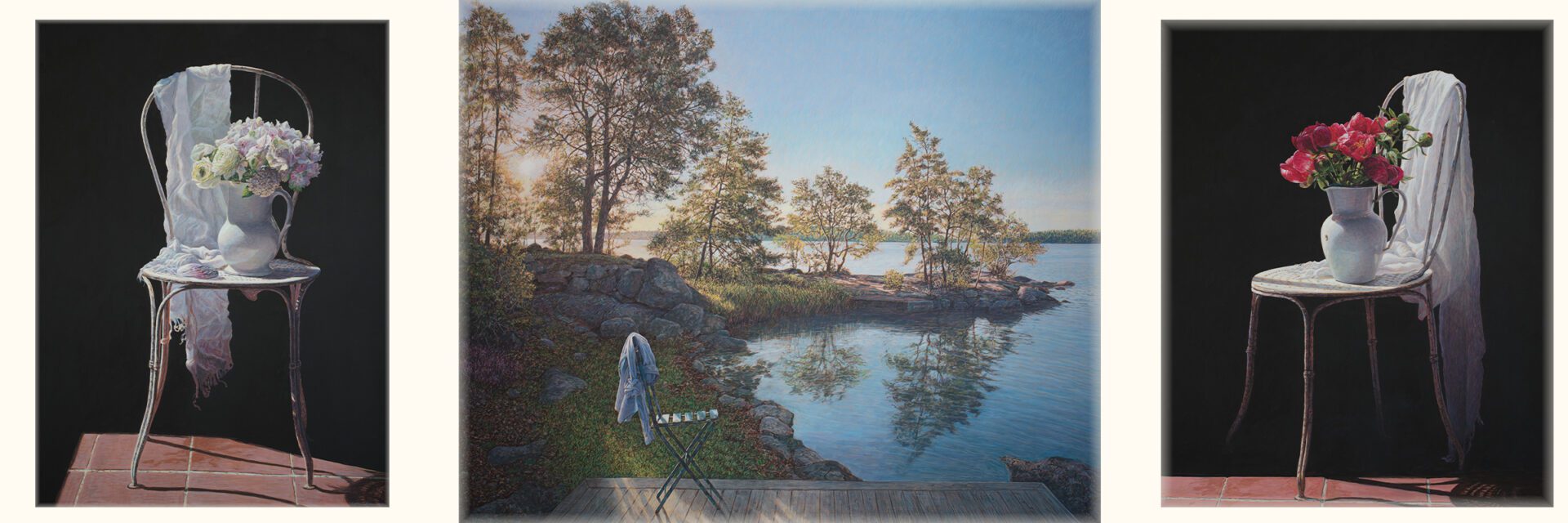 A serene lakeside scene with a person sitting near the water surrounded by trees.