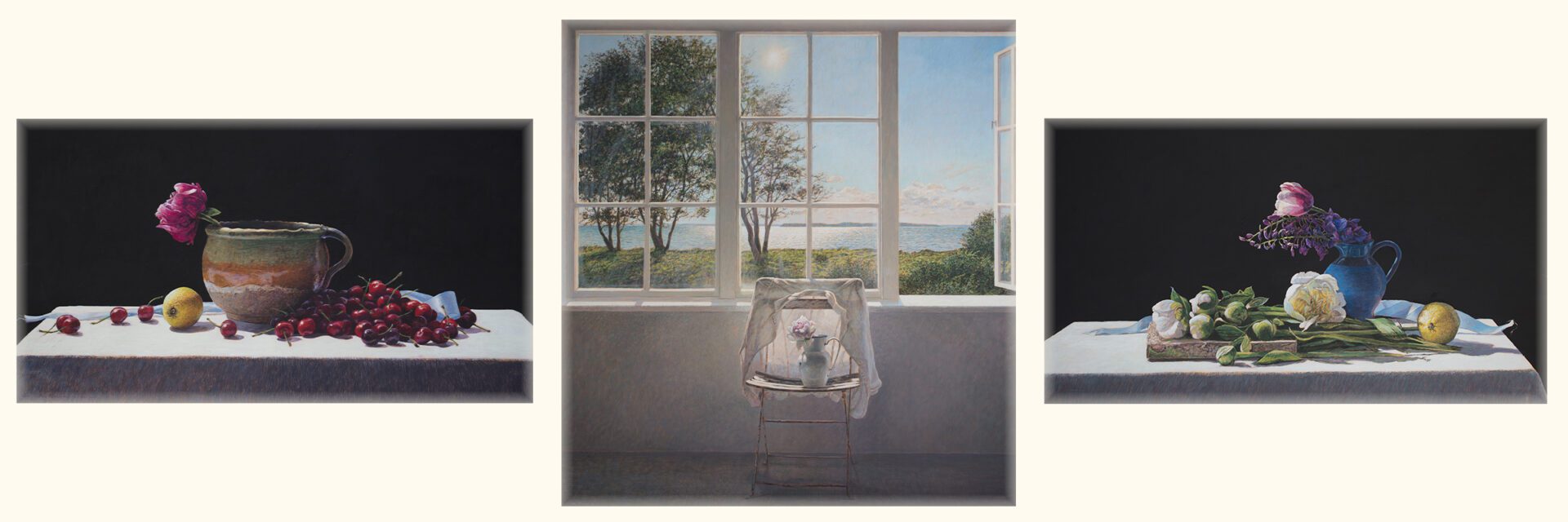A transparent chair with a floral design in front of a large window showing trees and water.