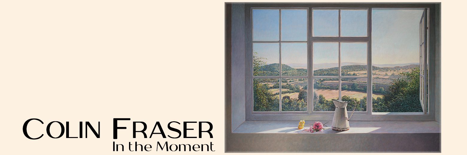 Window view of a scenic landscape from inside a room with a small plant on the sill.