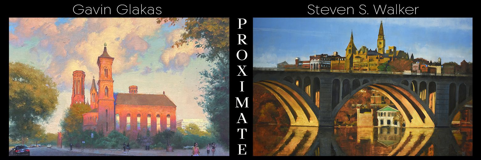 Two contrasting paintings side by side with the word 'PROXIMATE' between them.