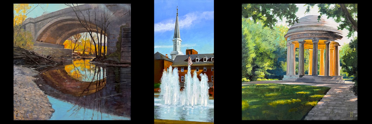 Historic brick building with a tall white steeple against a blue sky and a lively fountain in front.
