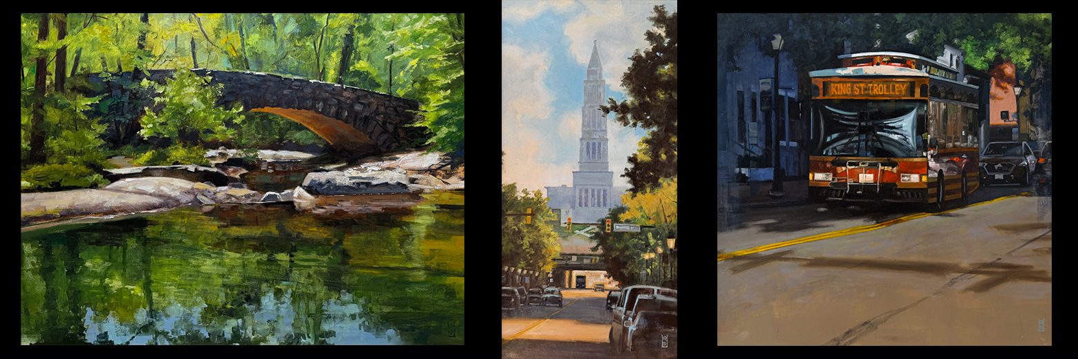 A serene river scene with lush greenery and a small wooden bridge.