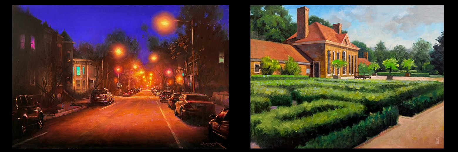 Two contrasting views: a dimly lit street at night and a sunny garden by day.