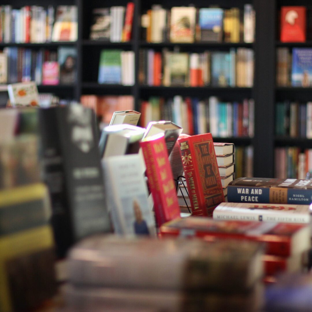 Colorful bookshelves in a library