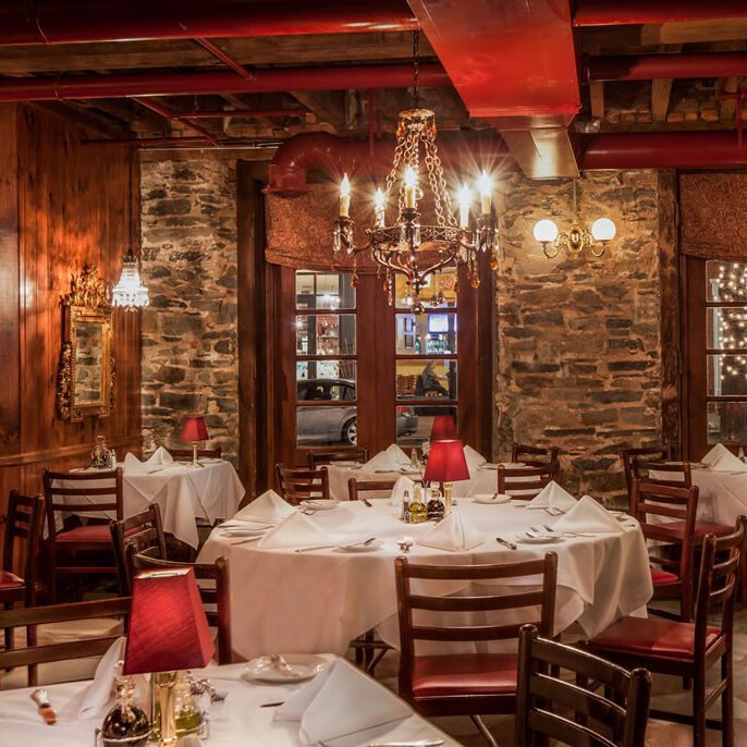 Cozy restaurant with elegant chandeliers