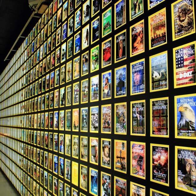 Colorful National Geographic covers on display
