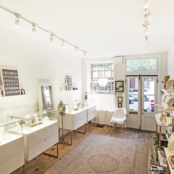 Bright boutique interior with display cases