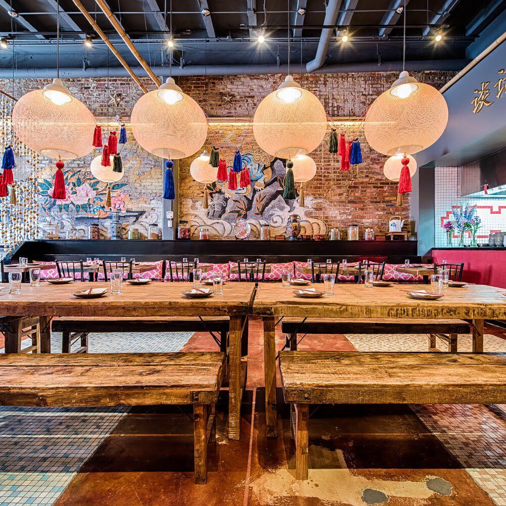 Eclectic decor in vibrant restaurant setting
