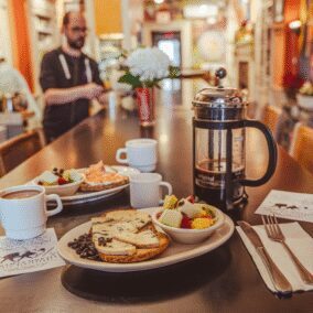 Cozy café breakfast setting