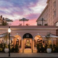 Elegant building with sunset sky
