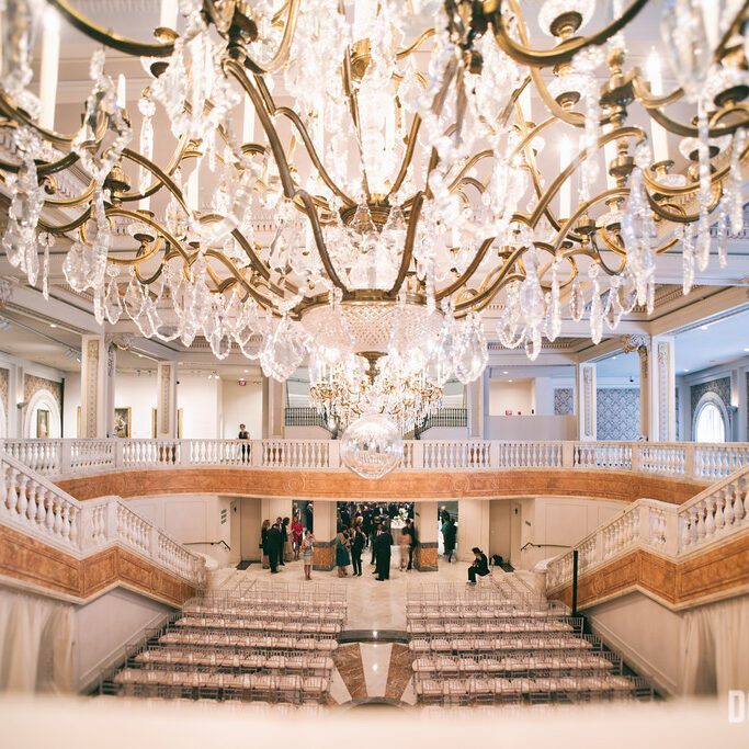 Elegant chandelier in grand ballroom